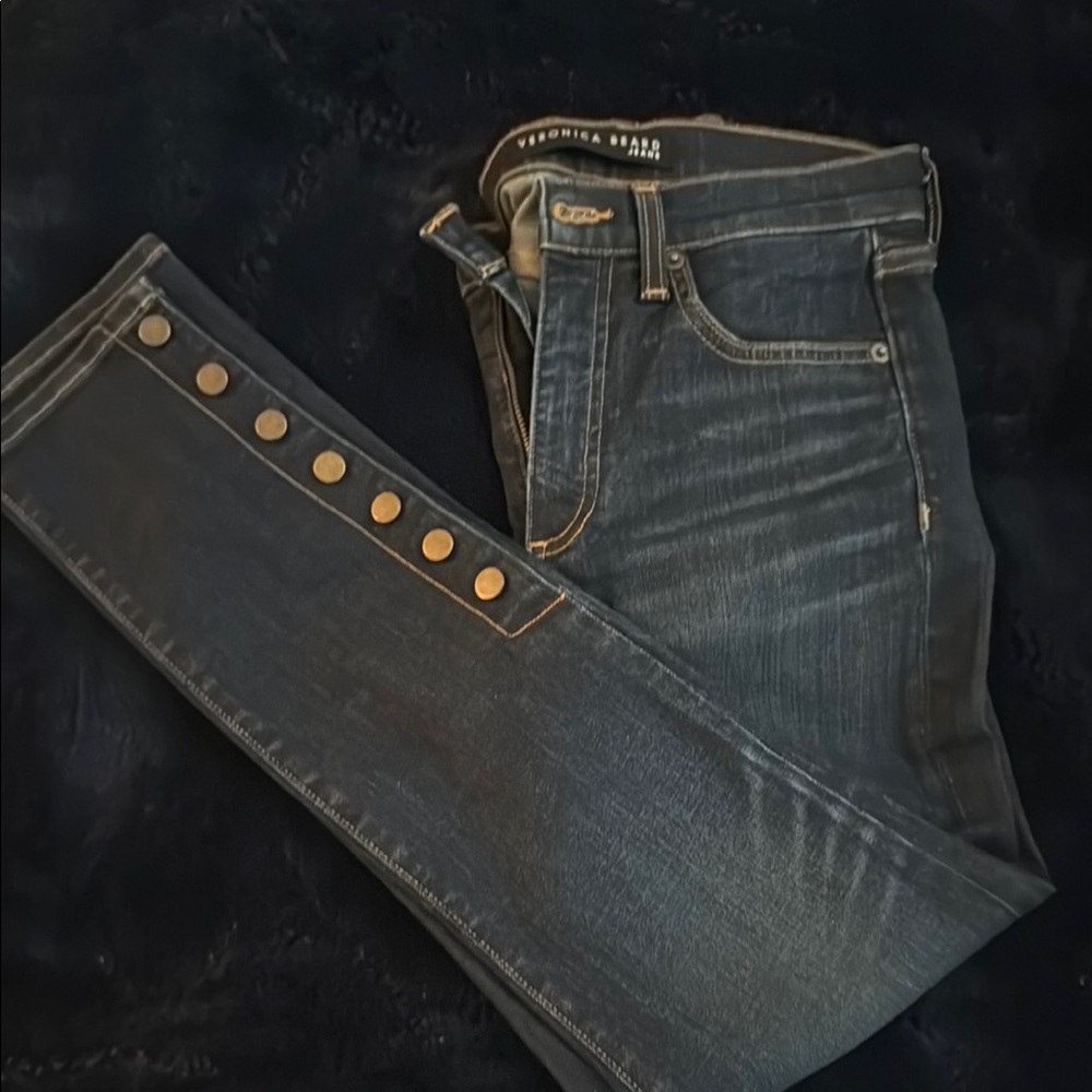 Veronica Beard Dark Indigo Skinny Jeans with Gold Button Trim